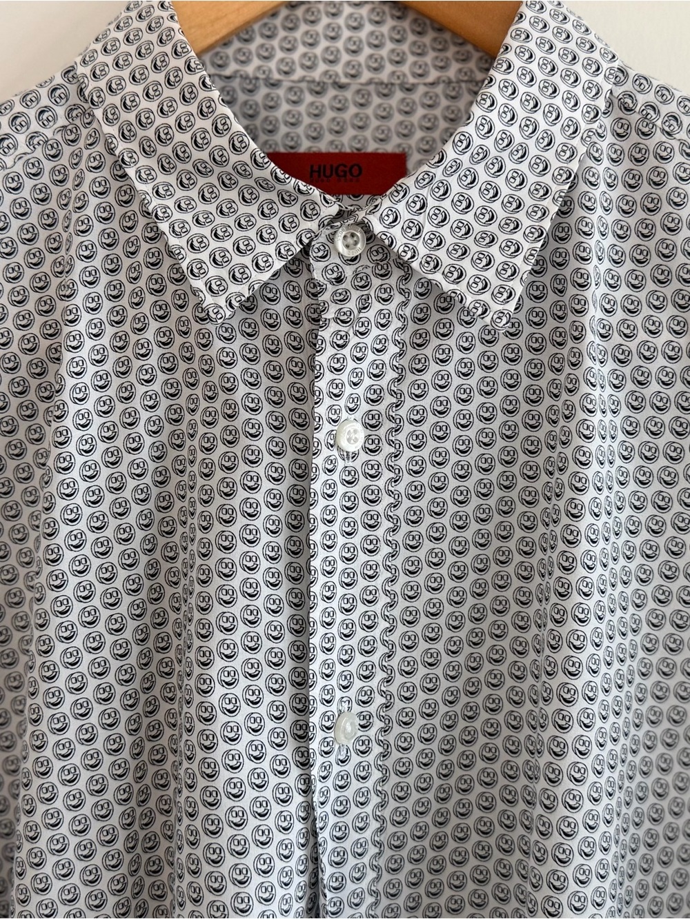 HUGO White Button-Down Shirt with Black Smiley Print